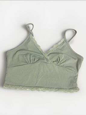 Sage Green Ribbed Lace Trim Crop Trop Tank Bralette Cami Small 4